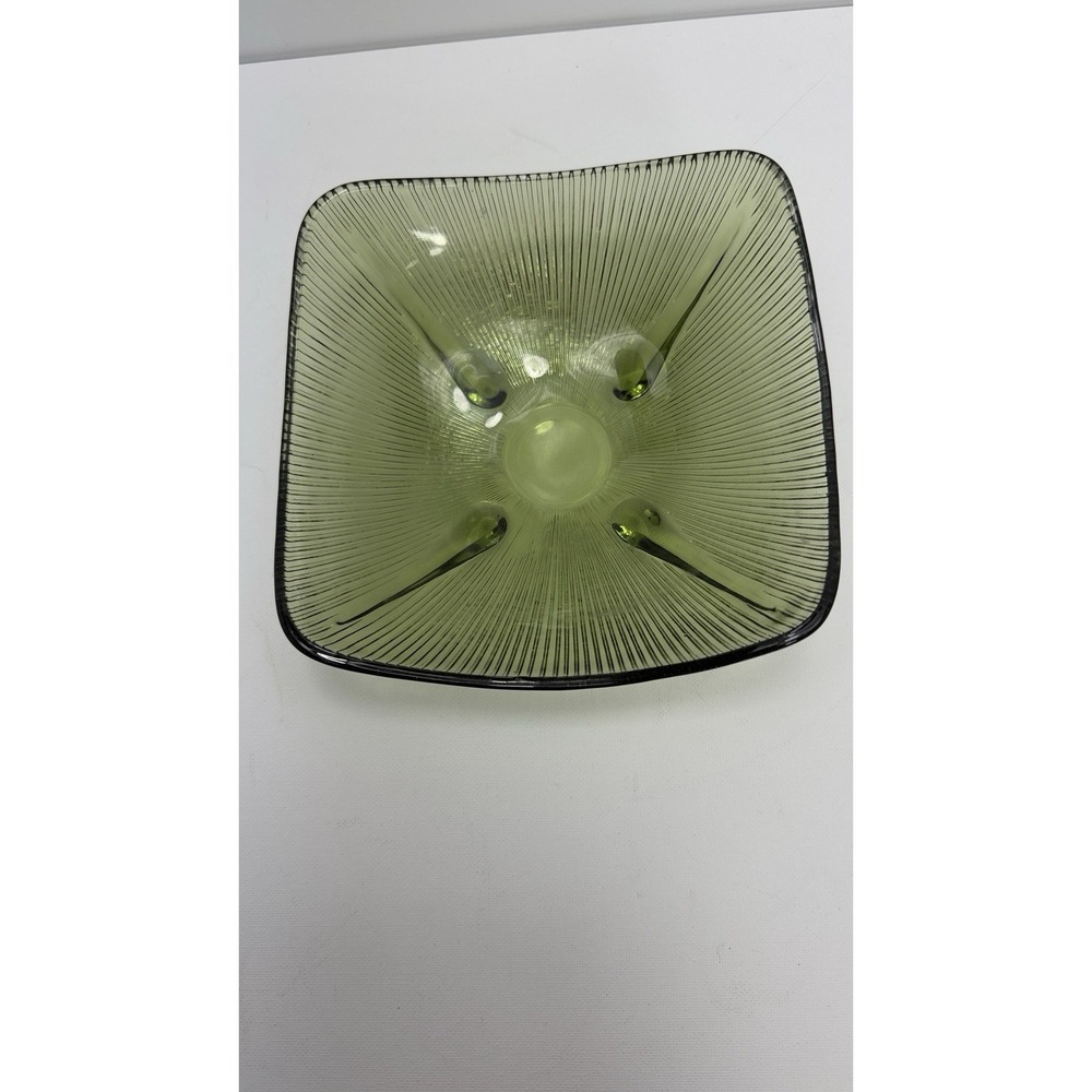 Vintage Green Glass Rubbed Ashtray Candy Dish Bowl Olive Starburst Nut Retro